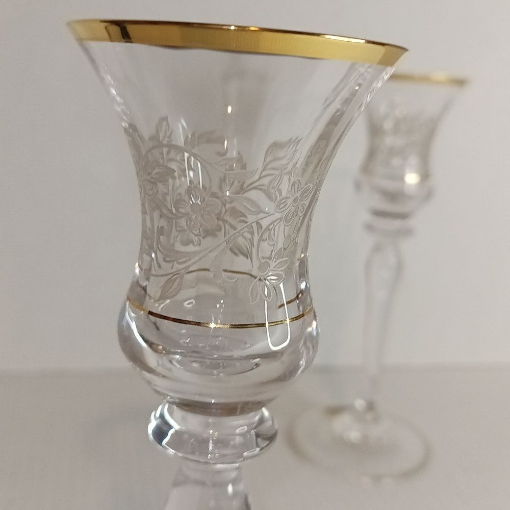 Mikasa antique lace print , gold rim candlestick holders
